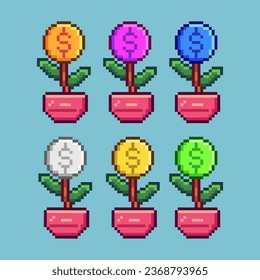 Conjuntos de arte de píxeles de negocio de plantas de monedas con variación color material activo simple bits de decoración de plantas de monedas en estilo pixelado 8bits perfecto para activos de juego o elemento de activos de diseño para su activo de diseño de juegos