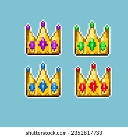Pixel art sets of crown for dugeon items. Red,green,blue,and purple crowns on pixelated style.Pixel art,8bits perfect for game asset or design asset element for your game design asset.
