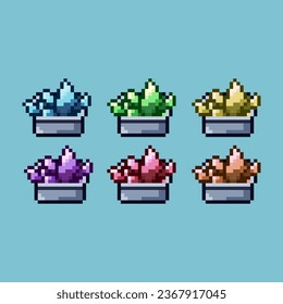 Pixel art sets of crystal in the box with variation color item asset simple bits of crystal stone on pixelated style 8bits perfect for game asset or design asset element for your game design asset