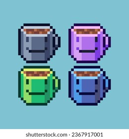 Pixel art sets of cup of coffee with variation color item asset simple bits of coffee on pixelated style 8bits perfect for game asset or design asset element for your game design asset