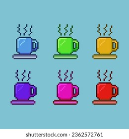 Pixel art sets of cup on the book with variation color items asset. simple bits of cup on pixelated style.8bits perfect for game asset or design asset element for your game design asset