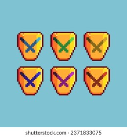 Pixel art sets of disapprove shield with variation color item asset. Simple bits of shield on pixelated style. 8bits perfect for game asset or design asset element for your game design asset.