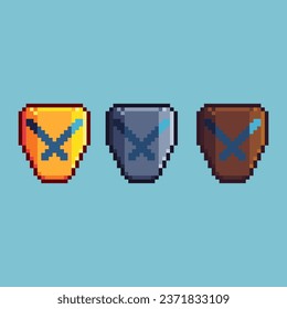 Pixel art sets of disapprove shield with variation color item asset. Simple bits of shield on pixelated style. 8bits perfect for game asset or design asset element for your game design asset.