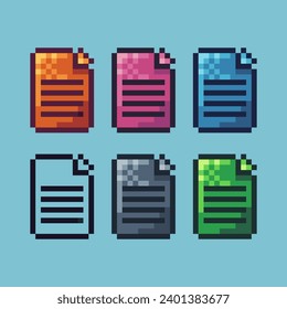 Pixel art sets of document icon with variation color item asset. Document paper icon on pixelated style. 8bits perfect for game asset or design asset element for your game design asset