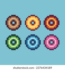 Pixel art sets of donuts food with variation color item asset. Simple bits of food donut on pixelated style. 8bits perfect for game asset or design asset element for your game design asset.