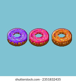 Pixel art sets of Donuts items on pixelated style. Pink,purple,and cokelat donut assets item. Pixel art,8bits perfect for game asset or design asset element for your game design asset.