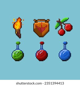 Juegos de arte de píxeles de objetos de paloma. Antorcha, escudo, cereza roja, poción verde, poción roja y poción azul. Pixel art,8 bits perfectos para activos de juego o elementos de activos de diseño para su activo de diseño de juegos.