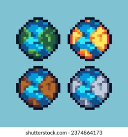 Conjuntos de arte de píxeles de tierra con activos de elementos de color de variación. Bits simples de ambiente terrestre en estilo pixelado. 8 bits perfectos para activos de juego o elementos de activos de diseño para su activo de diseño de juegos.