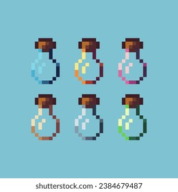 Pixel art sets of empty bottle with variation color item asset. Simple bits of empty elixir bottle pixelated style. 8bits perfect for game asset or design asset element for your game design asset.