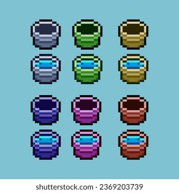 Pixel art sets of empty and water bucket with variation color item asset. Simple bits of bucket on pixelated style. 8bits perfect for game asset or design asset element for your game design asset