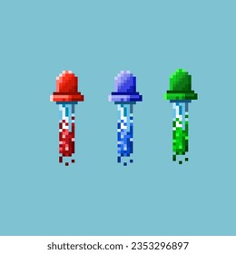 Pixel art sets of eyedropper for medicine health items. red,blue,and green eyedropper on pixelated style.8bits perfect for game asset or design asset element for your game design asset.