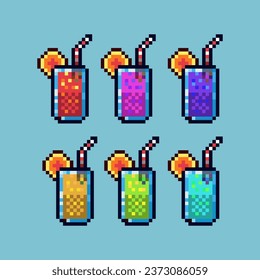 Pixel art sets of fresh juice with variation color item asset. Simple bits of juice on pixelated style. 8bits perfect for game asset or design asset element for your game design asset.