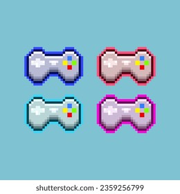 Pixel art sets of gamepad controller with variation color items asset. blue,red,green,purple gamepad on pixelated style.8bits perfect for game asset or design asset element for your game design asset.