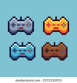 Pixel art sets of gamepad controller with variation color item asset. Simple bits of gold gamepad on pixelated style. 8bits perfect for game asset or design asset element for your game design asset.