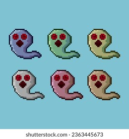 Pixel art sets of ghost with red eyes with variation color item asset. simple bits of ghost on pixelated style 8bits perfect for game asset or design asset element for your game design asset