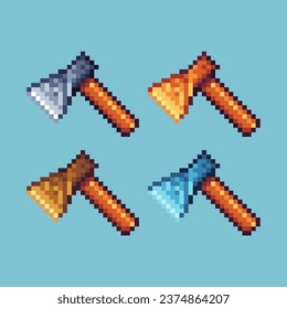 Pixel art sets of gold axe with variation color item asset. Simple bits of axe weapon on pixelated style. 8bits perfect for game asset or design asset element for your game design asset.