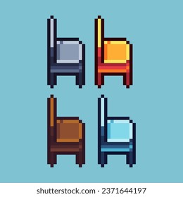 Pixel art sets of gold chair with variation color item asset. Simple bits of chair interior on pixelated style. 8bits perfect for game asset or design asset element for your game design asset