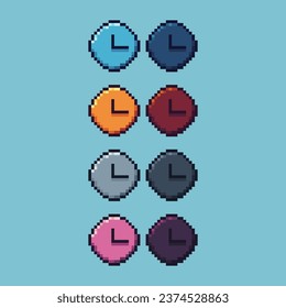 Pixel art sets of gold clock with variation color item asset. Simple bits of clock on pixelated style. 8bits perfect for game asset or design asset element for your game design asset.