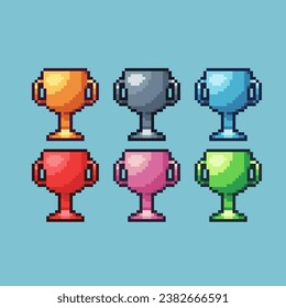 Pixel art sets of gold medal cup with variation color item asset. Simple bits of golden champion cup pixelated style. 8bits perfect for game asset or design asset element for your game design asset.