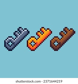 Conjuntos de piezas de arte de plástico de la llave de madera de plata dorada con activos de elementos de color de variación. Bits simples de clave en estilo pixelado. 8 bits perfectos para activos de juego o elementos de activos de diseño para su activo de diseño de juegos