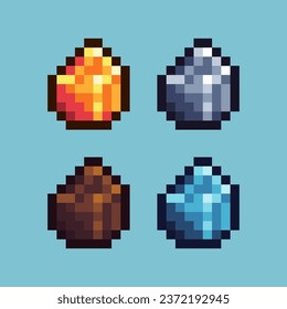 Pixel art sets of gold silver bronze ingot with variation color item asset. Simple bits of material on pixelated style. 8bits perfect for game asset or design asset element for your game design asset.