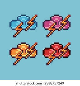  Pixel art sets of golden cloudy thunder with variation color item asset. Cloud thunder on pixelated style. 8bits perfect for game asset or design asset element for your game design asset