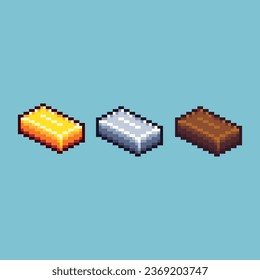 Pixel art sets of gold,silver,and bronze ingot with variation color item asset. Simple bits of ingot on pixelated style. 8bits perfect for game asset or design asset element for your game design asset