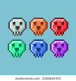 Pixel art sets of halloween skull head bones with variation color items asset. simple bones on pixelated style.8bits perfect for game asset or design asset element for your game design asset.