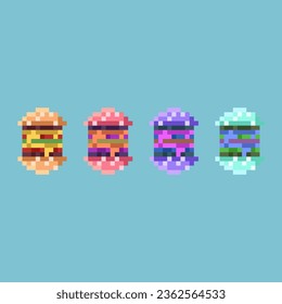 Pixel art sets of hamburger fast food with variation color items asset. simple bits of hamburger on pixelated style.8bits perfect for game asset or design asset element for your game design asset