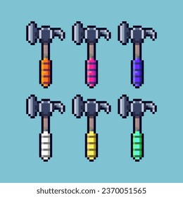 Pixelkunst-Sets mit Hammer mit Variation Color Item Objekt. Einfache Hammer-Stücke auf pixeltem Stil. 8 Bits, perfekt für das Spiel oder das Design-Objekt für Ihr Spieldesign-Objekt