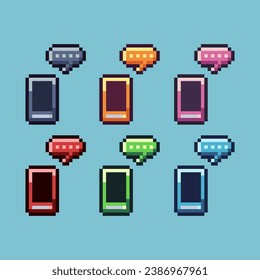 Pixel art sets of handphone with chat with variation color item asset. Simple bits of handphone pixelated style. 8bits perfect for game asset or design asset element for your game design asset.