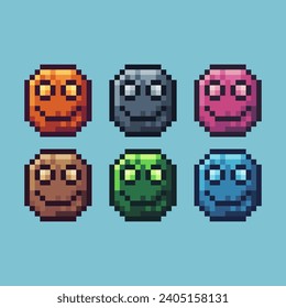 Pixel art sets of happy emoji icon with variation color item asset. happy emoticon icon on pixelated style. 8bits perfect for game asset or design asset element for your game design asset