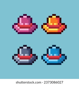 Pixel art sets of hat with variation color item asset. Simple bits of hat on pixelated style. 8bits perfect for game asset or design asset element for your game design asset.