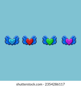 Pixel art sets of heart with a blue wings for items asset. blue,red,green,and purple heart on pixelated style.8bits perfect for game asset or design asset element for your game design asset.