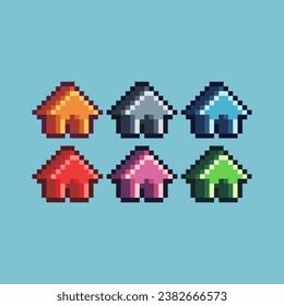 Pixel art sets of house icon with variation color item asset. Simple bits of gold house icon pixelated style. 8bits perfect for game asset or design asset element for your game design asset.