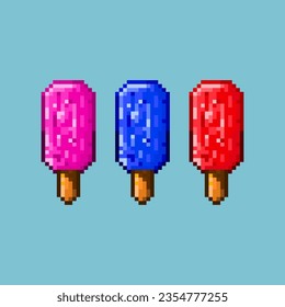 Pixel art sets of ice cream with variation taste items asset. pink,blue,and red ice cream on pixelated style.8bits perfect for game asset or design asset element for your game design asset.