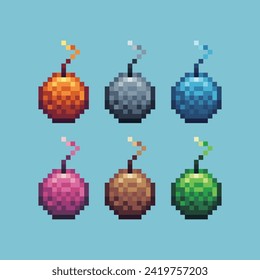 Pixel art sets icon of bomb variation color. Bomb game icon on pixelated style. 8bits perfect for game asset or design asset element for your game design. Simple pixel art icon asset.

