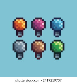 Pixel art sets icon of bulb variation color. bulb icon on pixelated style. 8bits perfect for game asset or design asset element for your game design. Simple pixel art icon asset.