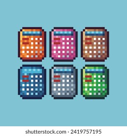 Pixel art sets icon of calculator variation color.Calculator icon on pixelated style. 8bits perfect for game asset or design asset element for your game design. Simple pixel art icon asset.
