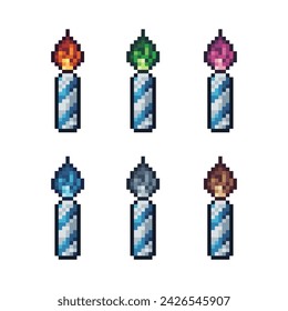 Pixel art sets icon of candle in variation color. cake candle icon on pixelated style. 8bits perfect for game asset or design asset element for your game design. Simple pixel art icon asset.