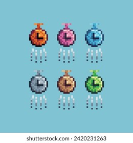 La imagen de píxeles establece un icono de color de variación de velocidad del reloj. icono de la mosca del reloj en estilo pixelado. 8 bits perfectos para activos de juego o elementos de activos de diseño para su diseño de juego. Elemento de icono de píxel simple.