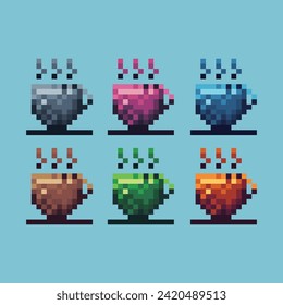 Pixel art sets icon of cup of coffee variation color. coffee icon on pixelated style. 8bits perfect for game asset or design asset element for your game design. Simple pixel art icon asset.
