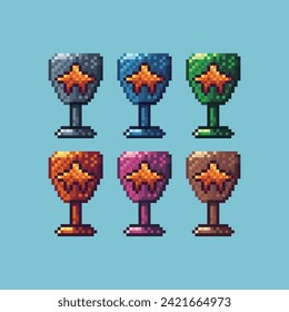 Pixel art sets icon of cup of star logo variation color.Winner cup icon on pixelated style. 8bits Illustration, perfect for design asset element your game ui. Simple pixel art icon asset.
