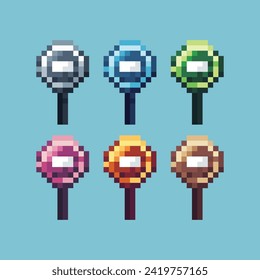 Pixel art sets icon of forbidden sign variation color.Dont icon on pixelated style. 8bits perfect for game asset or design asset element for your game design. Simple pixel art icon asset.
