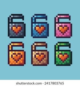 Pixel art sets icon of love padlock with variation color. love padlock icon on pixelated style. 8bits perfect for game asset or design asset element for your game design. Simple pixel art icon asset.
