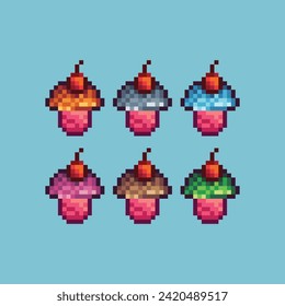 Pixel art sets icon of pancake variation color. Cake sweet food icon on pixelated style. 8bits perfect for game asset or design asset element for your game design. Simple pixel art icon asset.