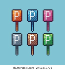 Pixel art sets icon of parking sign variation color. P sign icon on pixelated style. 8bits perfect for game asset or design asset element for your game design. Simple pixel art icon asset.