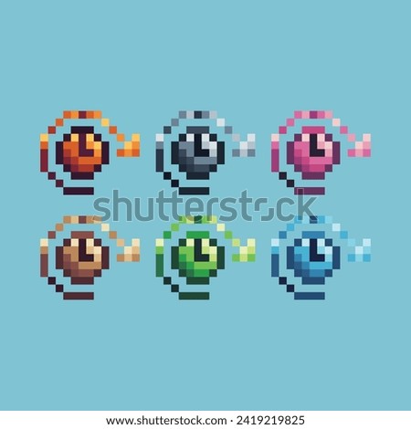 Pixel art sets icon of redo time variation color. watch clock icon on pixelated style. 8bits perfect for game asset or design asset element for your game design. Simple pixel art icon asset.