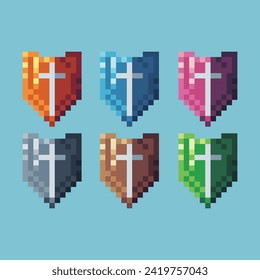 Pixel art sets icon of shield variation color.Gold shield icon on pixelated style. 8bits perfect for game asset or design asset element for your game design. Simple pixel art icon asset.