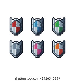 Pixel art sets icon of shield in variation color. Shield icon on pixelated style. 8bits perfect for game asset or design asset element for your game design. Simple pixel art icon asset.